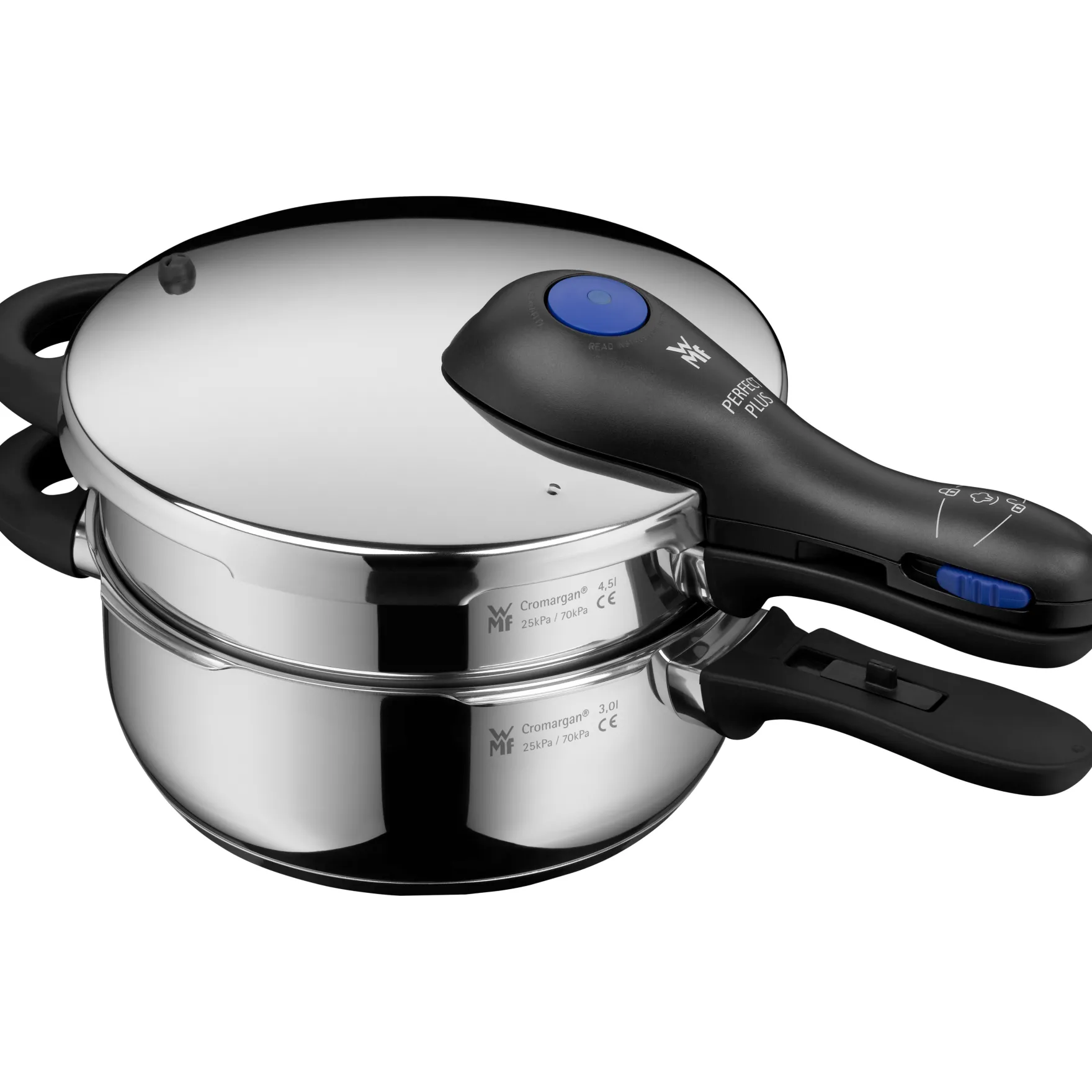 Schnellkochtöpfe|Induktionstöpfe|WMF Perfect Plus One Pot Schnellkochtopf-Set, 22 cm, 3 & 4,5 L, stapelbar, mit Dämpfeinsatz